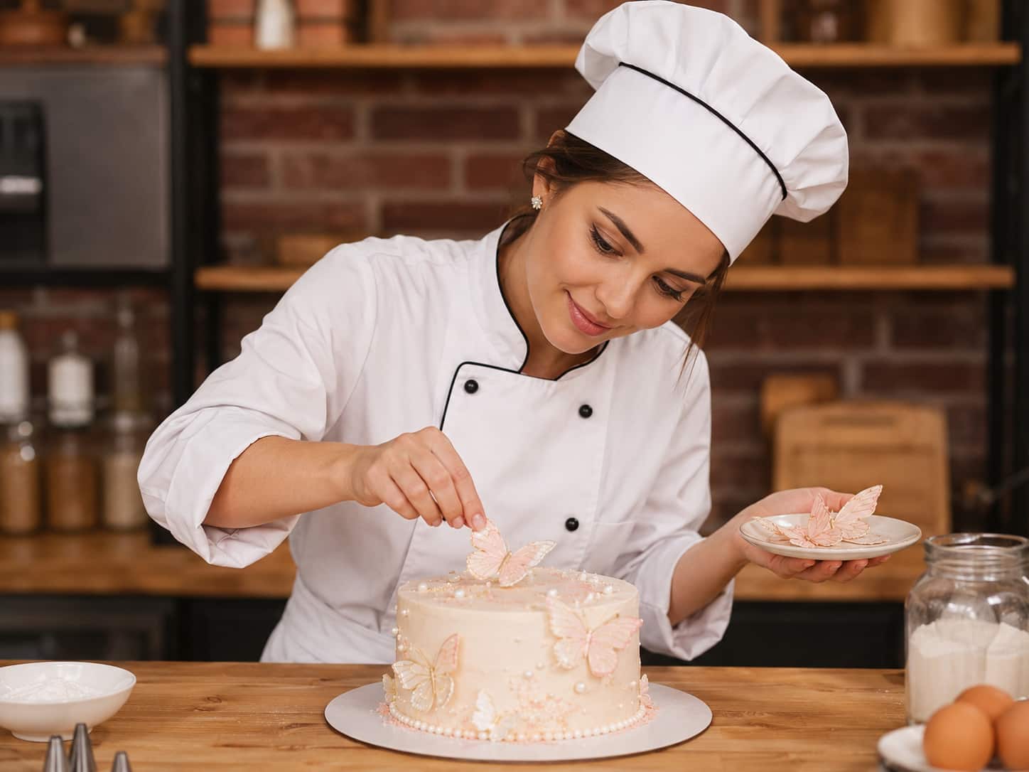 Konditorin beim Dekorieren einer Torte