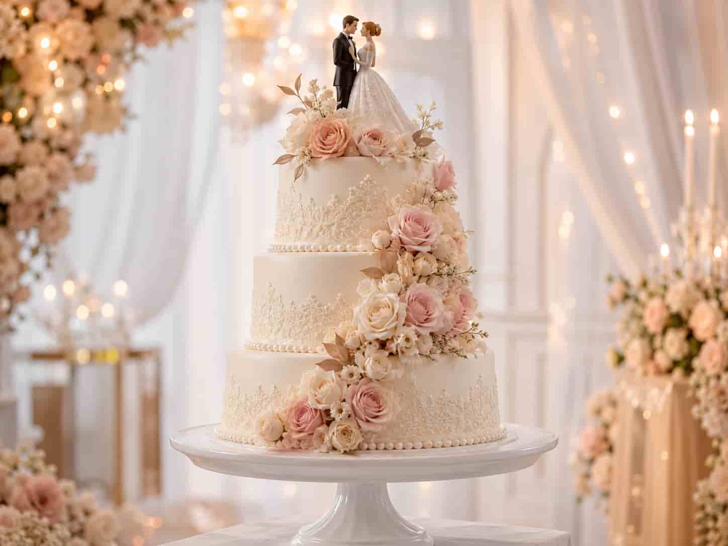 Dreistöckige Hochzeitstorte mit hellrosa Blumen