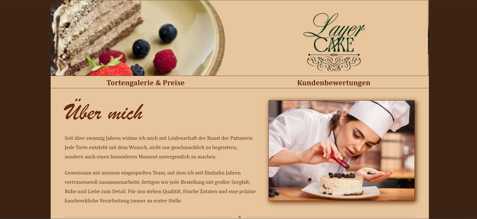 Seite Über mich mit Vorstellung der Konditorei und Kontaktinformationen