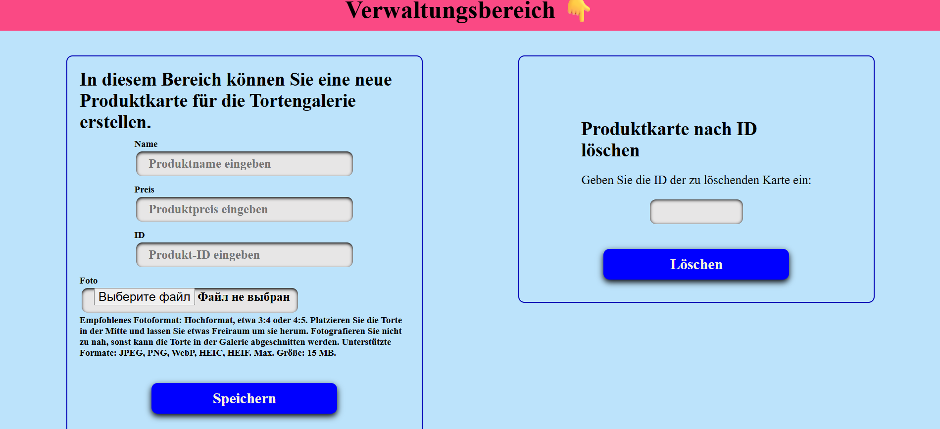 Admin-Produktverwaltung zum Anlegen und Bearbeiten von Tortenprodukten