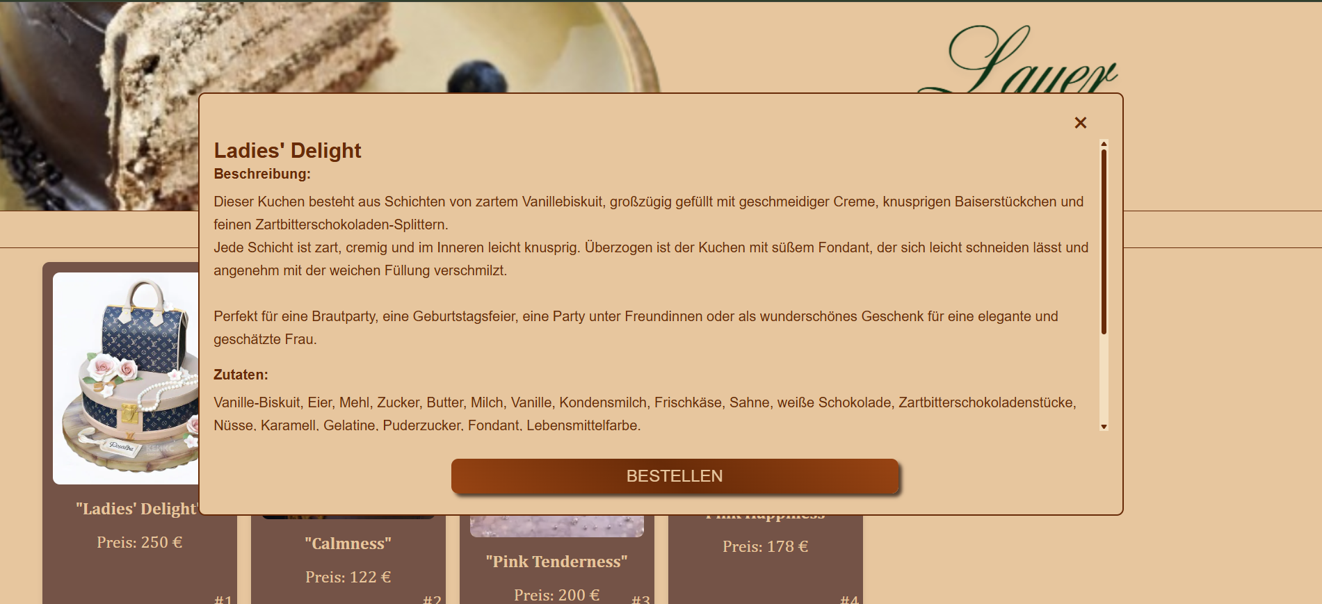 Produktdetail mit Beschreibung, Zutaten, Maßen und Schaltfläche Bestellen